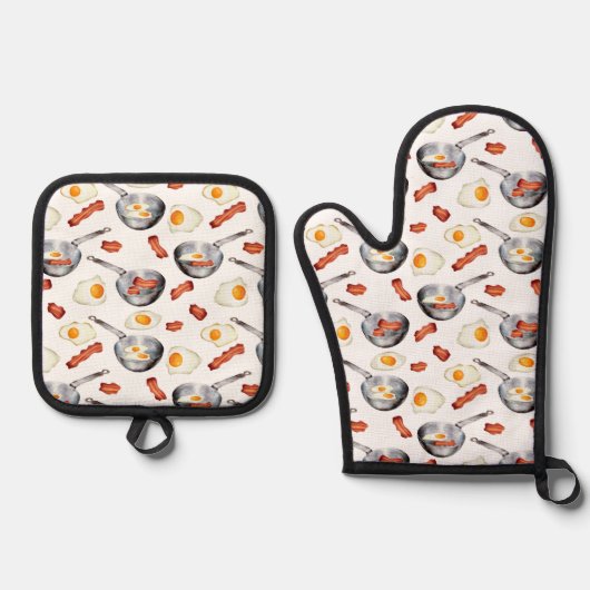 Waterverf Bacon & Eggs Ontbijt Voedingspatroon Ovenwant & Pannenlap Set (Voorkant)