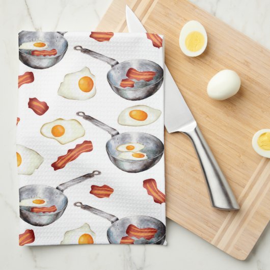 Waterverf Bacon & Eggs Ontbijt Voedingspatroon Theedoek (Quarter Fold)