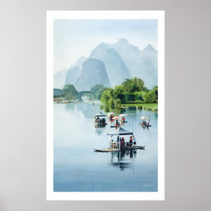 waterverf "Bamboo Rafting to Shangri La" China Poster