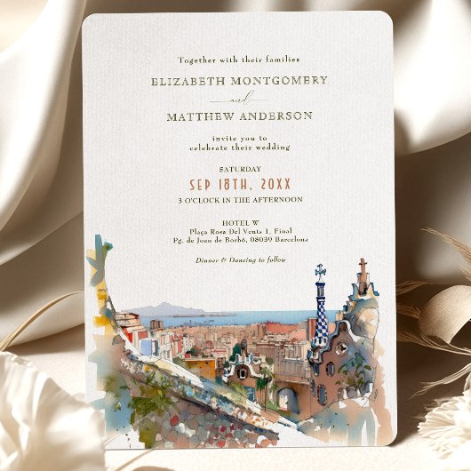 Waterverf Barcelona Park Guell Wedding Invitation Kaart