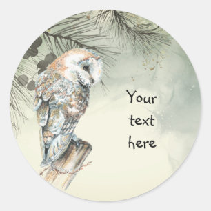 Waterverf Barn Owl Bird art Jouw tekst Ronde Sticker