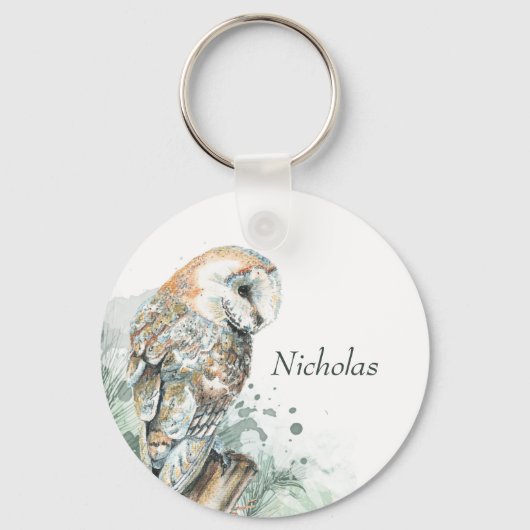 Waterverf Barn Owl Bird Wildlife Natuur Art Ke Sleutelhanger (Achterkant)