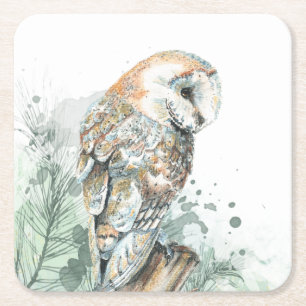 Waterverf Barn Owl Bird Wildlife Natuur Art Vierkante Kartonnen Onderzetter
