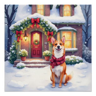 Waterverf Basenji Rijtjeshuis Kerstvakantie Perfect Poster