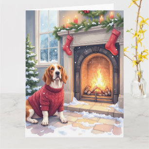 Waterverf Basset Hound Gezellige Open Haard Kerstm Kaart