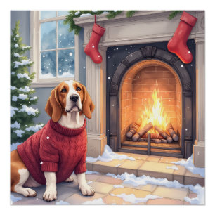 Waterverf Basset Hound Gezellige Open Haard Kerstm Perfect Poster