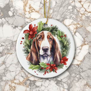 Waterverf Basset Hound Krans Kerstmis Keramisch Ornament