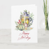 Waterverf Baubles en Lantern Holiday Greeting Feestdagen Kaart (Voorkant)