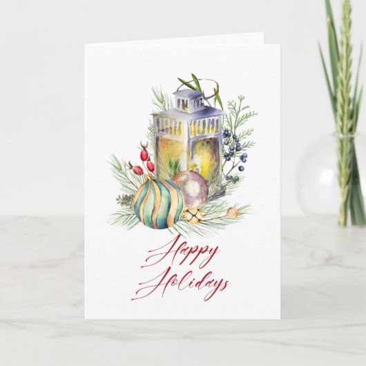 Waterverf Baubles en Lantern Holiday Greeting Feestdagen Kaart (Voorkant)