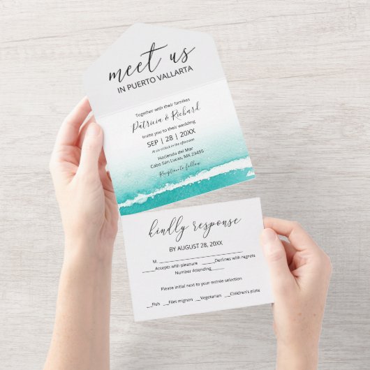 Waterverf Beach Caribbean Destination Wedding All In One Uitnodiging (Afscheurbaar)