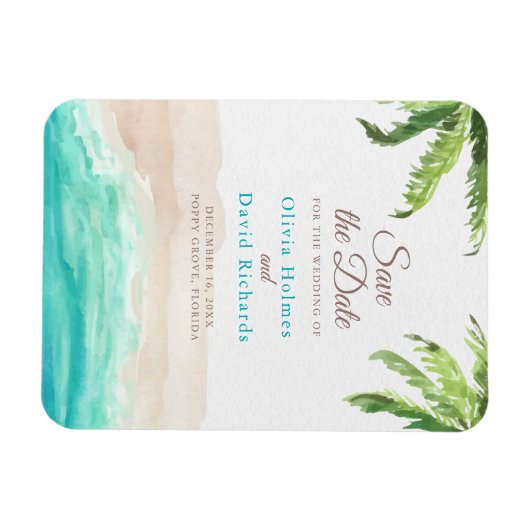 Waterverf Beach en palmbladeren sparen de datum Magneet (Horizontaal)