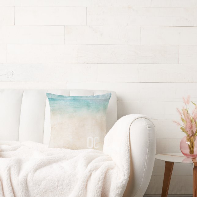 Waterverf Beach INITIALEN Ocean Water Sand Travel Kussen (Bank)