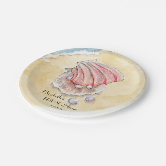 Waterverf Beach met Clams & parels Vrijgezellenfee Papieren Bordje (Gekanteld)