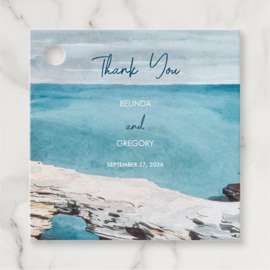 Waterverf Beach Ocean Waves Monogram Weddenschap Bedankjes Labels (Voorkant)