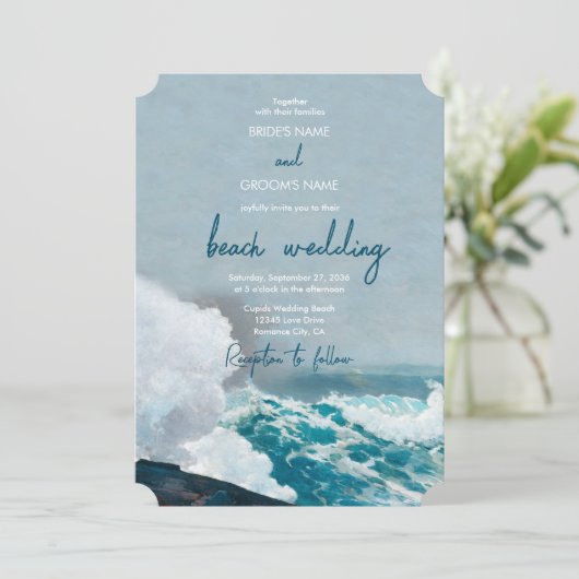 Waterverf Beach Ocean Waves Monogram Weddenschap Kaart (Staand voorkant)