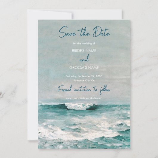 Waterverf Beach Ocean Waves Monogram Weddenschap Save The Date (Voorkant)