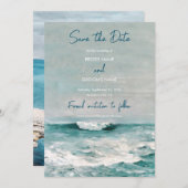 Waterverf Beach Ocean Waves Monogram Weddenschap Save The Date (Voorkant / Achterkant)
