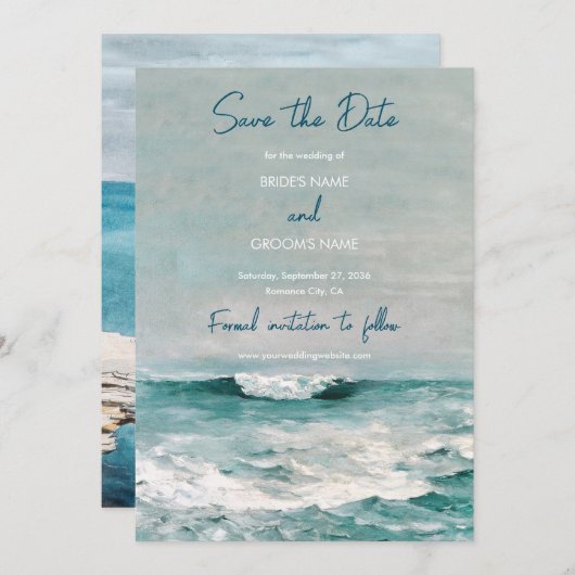 Waterverf Beach Ocean Waves Monogram Weddenschap Save The Date (Voorkant / Achterkant)