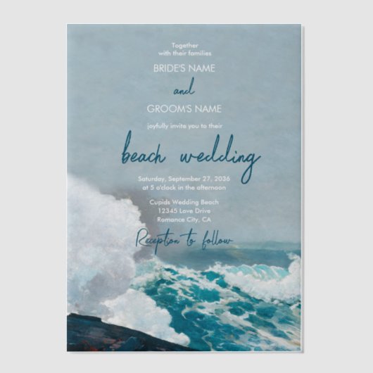 Waterverf Beach Ocean Waves Monogram Weddenschap Vellum Uitnodigingen (Voorkant)