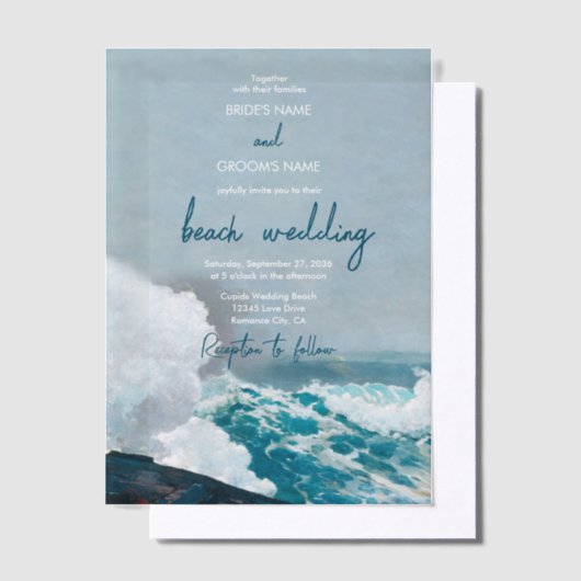 Waterverf Beach Ocean Waves Monogram Weddenschap Vellum Uitnodigingen (Offset)