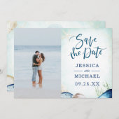 Waterverf Beach Seashell Calligrafie Foto Save The Date (Voorkant / Achterkant)