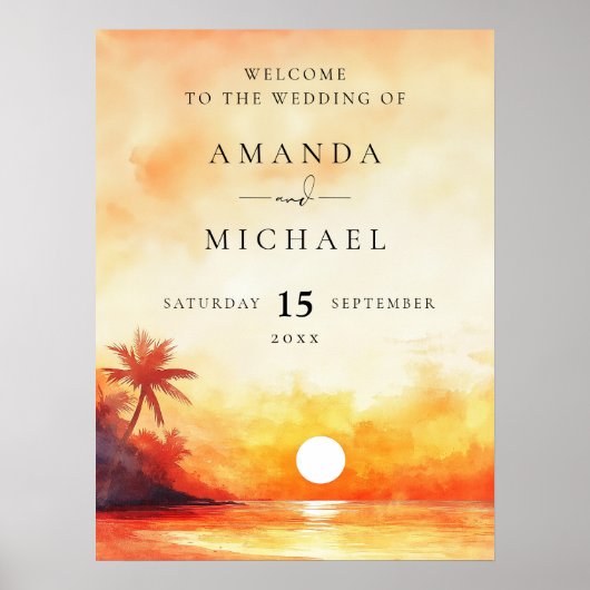 Waterverf Beach Sunset Wedding Welkomstbord Poster (Voorkant)