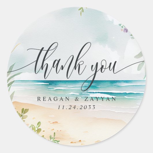 Waterverf Beach Weddenschap Bedankt Ronde Sticker (Voorkant)