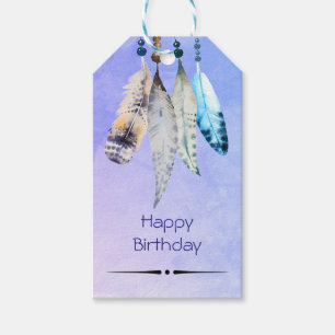 Waterverf Beads 'n Feathers Happy Birthday Cadeaulabel