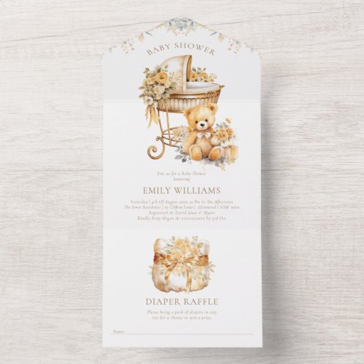 Waterverf Beige & Goud Baby shower Luierverloting All In One Uitnodiging (Binnen)