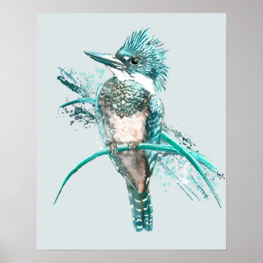 Waterverf Belted Kingfisher Bird Animal Poster (Voorkant)