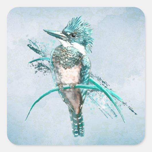 Waterverf Belted Kingfisher Bird Square Vierkante Sticker (Voorkant)