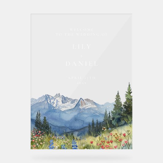 Waterverf Berg Bloemen Huwelijk Welkom Acryl Bord (Voorkant)