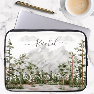 Waterverf berg en bos met monogram laptop sleeve