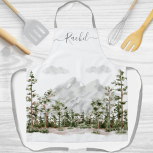 Waterverf berg en bos met monogram schort