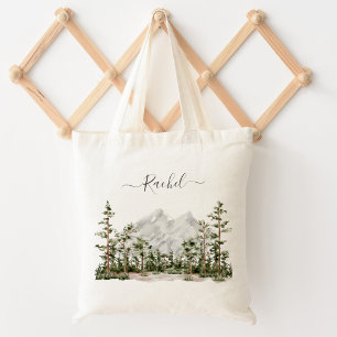 Waterverf berg en bos met monogram tote bag