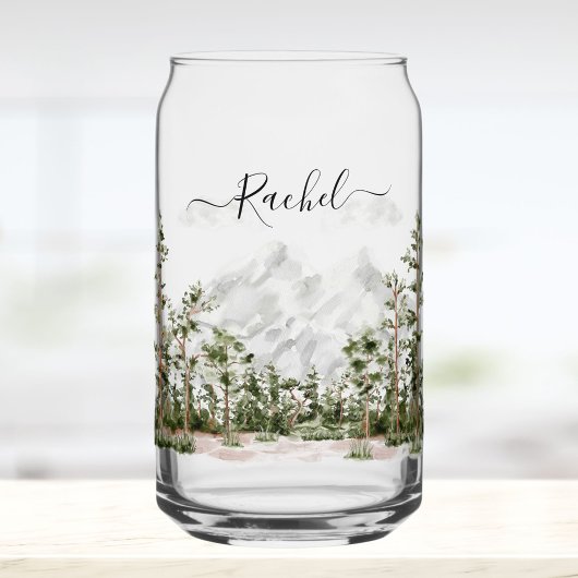 Waterverf berg- en boslandschap met monogram blikvorm glas
