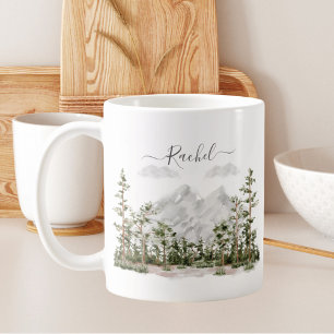 Waterverf berg- en boslandschap met monogram koffiemok