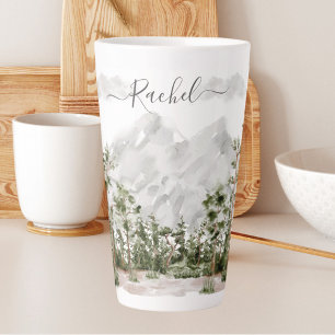 Waterverf berg- en boslandschap met monogram latte mok