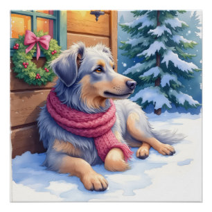 Waterverf Bergamasco Herdershond Chalet Kerstmis Perfect Poster