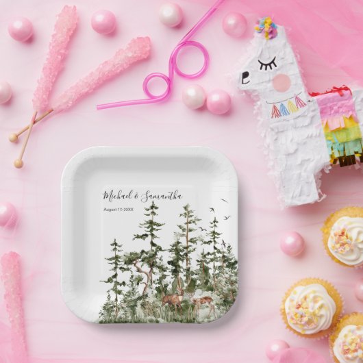 Waterverf Bergbos Rustieke Bruiloft Papieren Bordje (Feest)