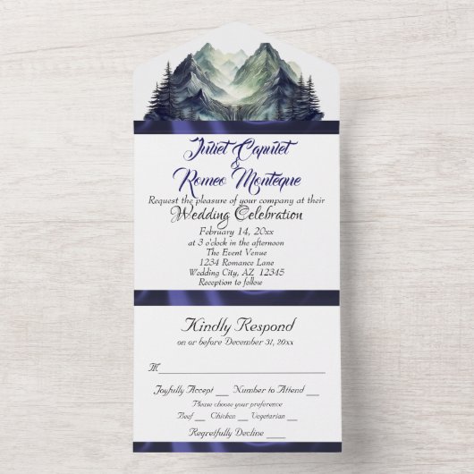 Waterverf Bergen & Blue Ribbon Wedding All In One Uitnodiging (Binnen)