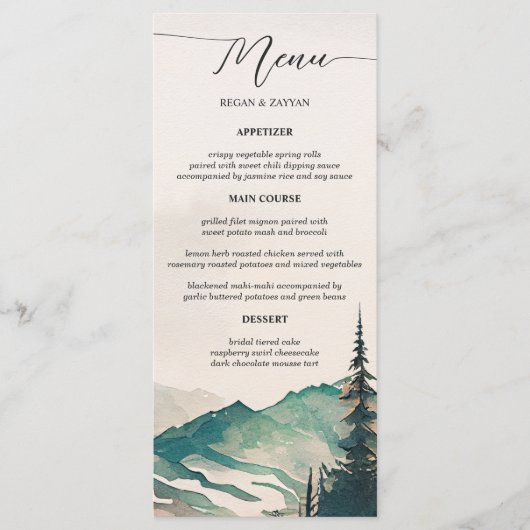 Waterverf bergen dennenbos bruiloft menu (Voorkant)