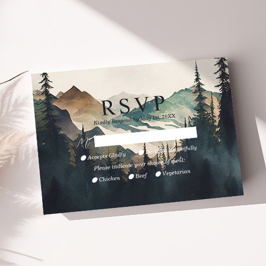 Waterverf bergen dennenbos bruiloft RSVP