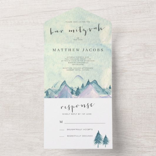 Waterverf Bergen en Bomen Bar Mizvah All In One Uitnodiging (Binnen)