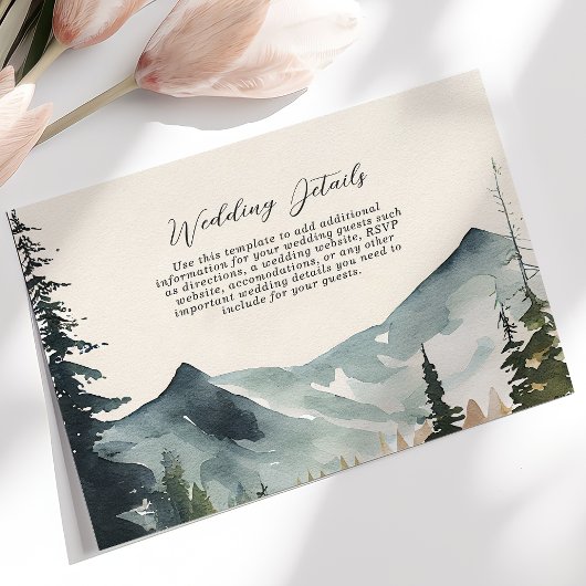 Waterverf bergen en dennen bruiloft details informatiekaartje