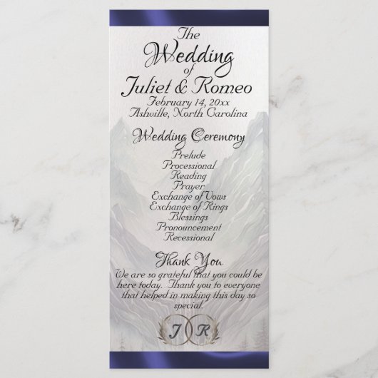 Waterverf Bergen en lint bruiloft Programma (Voorkant)