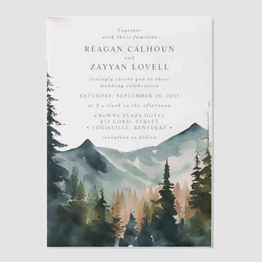 Waterverf bergen en ringzegens vellum uitnodigingen (Voorkant)