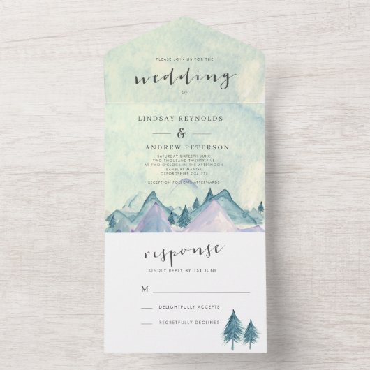 Waterverf bergen en Trees Wedding All In One Uitnodiging (Binnen)
