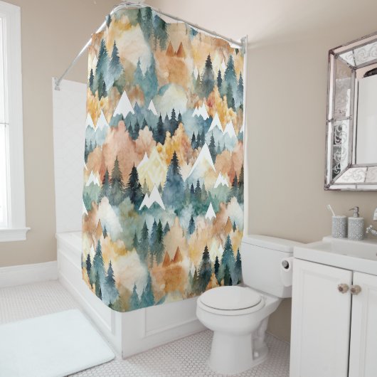 Waterverf Bergen Landschap Sinaasappel en Groen Douchegordijn (In situ)