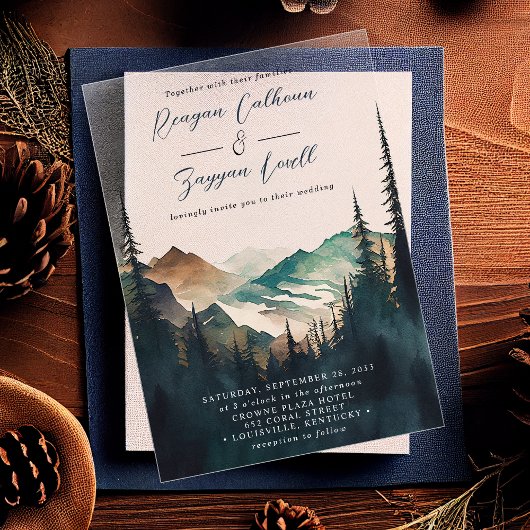Waterverf bergen Pine Forest Script Weddenschap Acryl Uitnodigingen